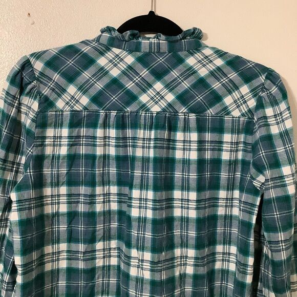 Loft Blue Plaid Ruffle Outdoorsy Cabincore Hiking Camping Button Down Shirt S - Picture 7 of 8